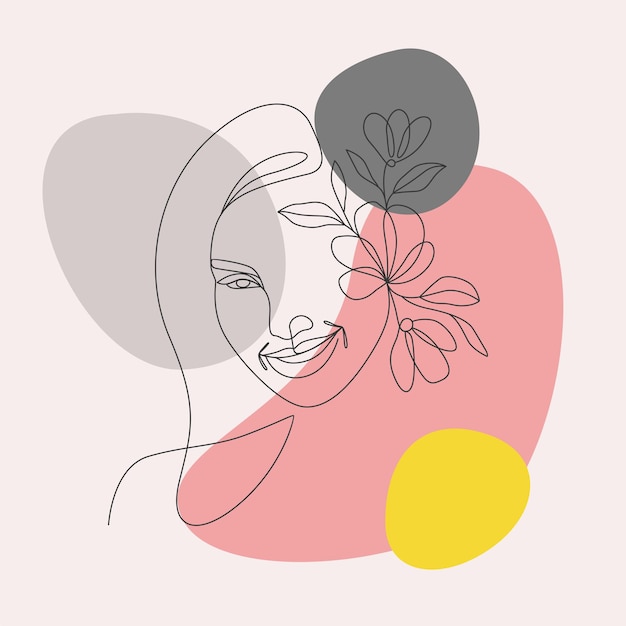 Rostro de mujer mínimo y flores en estilo de arte lineal