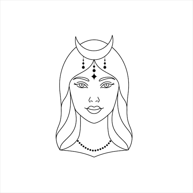 Rostro de mujer mística con luna creciente en la cabeza. Ilustración de vector de arte lineal.