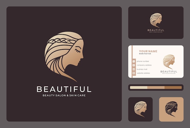 Rostro de mujer, salón de belleza, diseño de logotipo de estilista con plantilla de tarjeta de visita