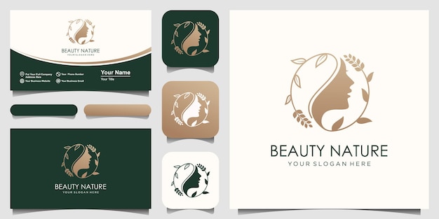 Rostro de mujer con silueta estilizada de estilo de hoja, diseño de logotipo de salón de belleza.