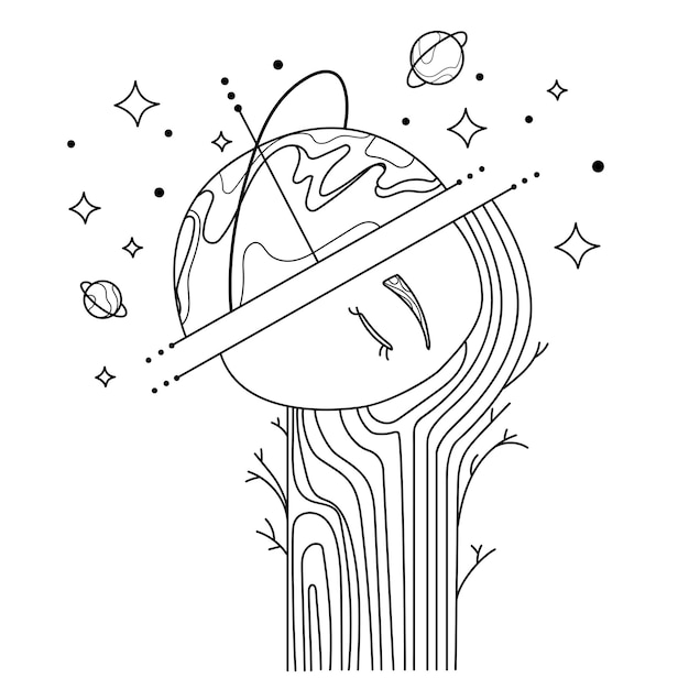 Rostro de mujer surrealista y planeta con estrellas en el espacio Dibujo lineal, vector de arte abstracto Minamal