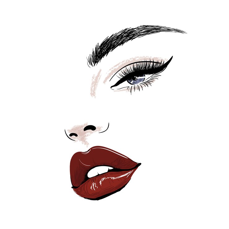 Vector rostro sensual con labios rojos jugosos y arte de ojos