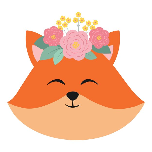El rostro de zorro gracioso de dibujos animados, el animal sonriente del bosque, las flores, la ilustración vectorial aislada en blanco.