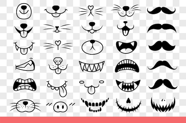 Rostros de animales con bocas que muestran diferentes emociones y bigotes de varias formas dibujados a mano