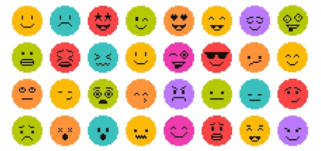 Rostros de arte de píxeles emojis retro pixelados coloridos emoticones de 8 bits con varias expresiones faciales incluyendo felicidad tristeza ira sorpresa y más Íconos de emoticones vectoriales mínimos