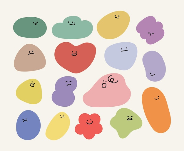 Rostros cómicos abstractos con diferentes emociones Varios personajes coloridos en forma geométrica
