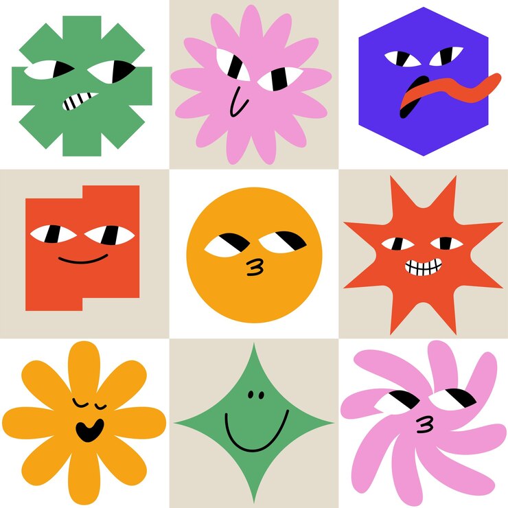 Rostros cómicos abstractos geométricos con diferentes emociones Rostros divertidos para el avatar del equipo de negocios Patrón sin costuras