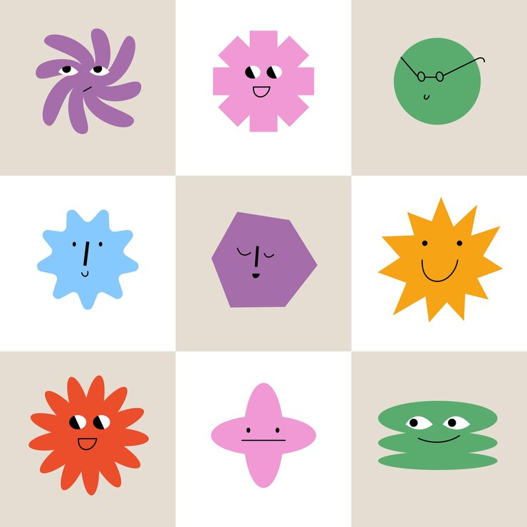 Rostros cómicos abstractos geométricos con diferentes emociones Rostros divertidos para el avatar del equipo de negocios