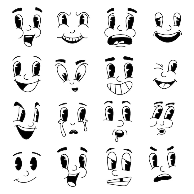 Rostros de dibujos animados retro Fanny mascota emociones de viejas caricaturas de los años 30 40 50 expresiones faciales dibujadas a mano personajes emocionales caricaturas con ojos y bocas Vector set de sonrisa infeliz o alegre