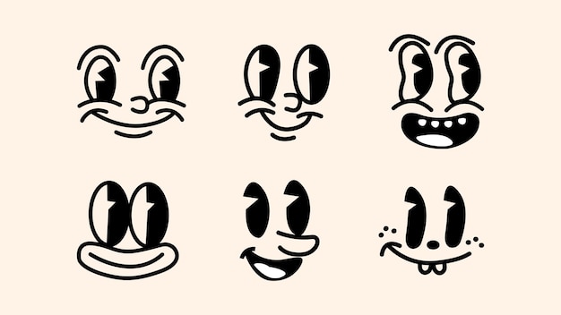 Rostros de dibujos animados vintage de los años 50 y expresiones felices de estilo cómico insignias de pegatinas retro