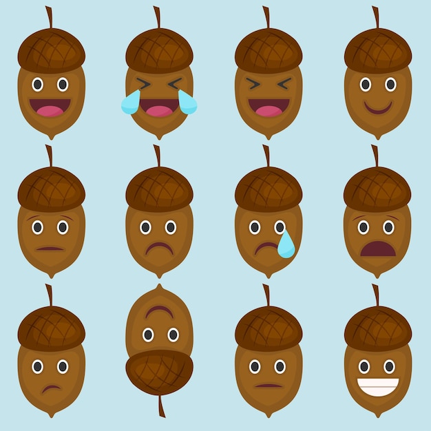 Rostros emoji de bellota con expresiones lindas para las redes sociales