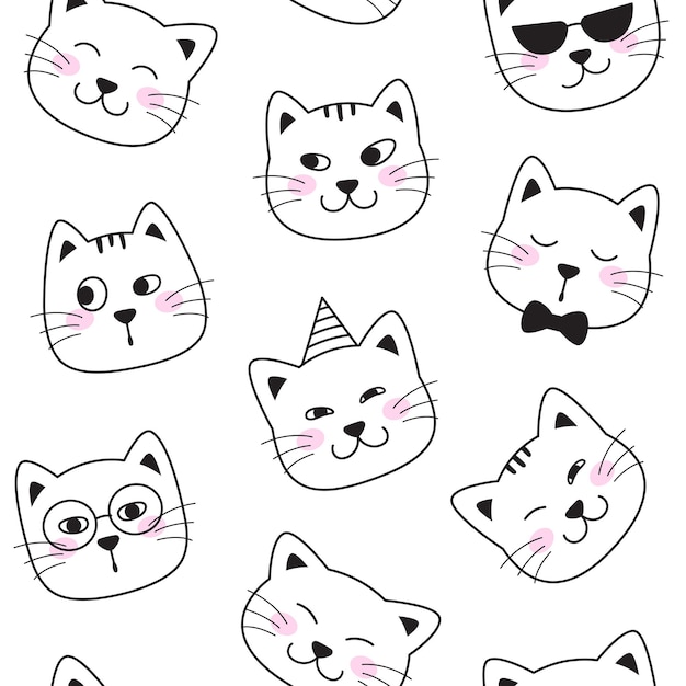 Rostros de gatos divertidos con un patrón sin costuras de fondo Cabezas de mascotas de animales Ilustración de dibujos animados de Doodle