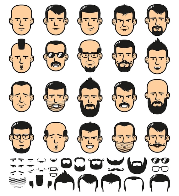 Vector rostros masculinos con cortes de pelo