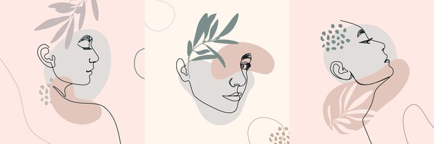 Rostros de mujer de una línea. Retrato femenino de línea continua en perfil. Ilustración vectorial