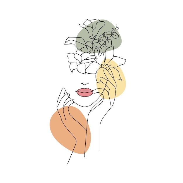 Rostros de mujeres elegantes en estilo de arte de una línea con flores Arte de línea continua en estilo minimalista