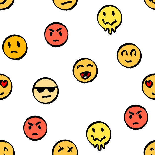Rostros sonrientes con un patrón sin costuras con emoji o emoticones enojados y tristes elementos amarillos redondos dibujados a mano