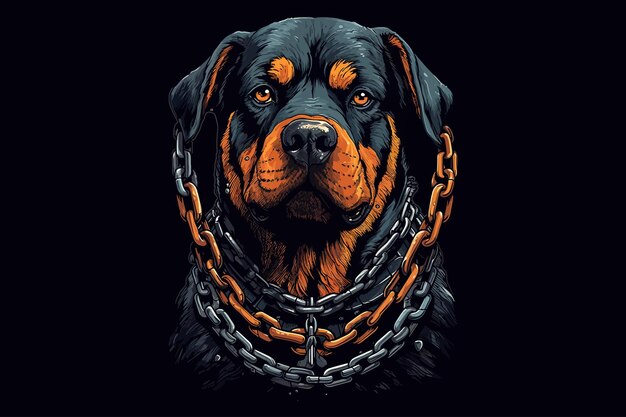 Rottweiler con dientes afilados y cadena gruesa de boca abierta alrededor del cuello Ilustración vectorial