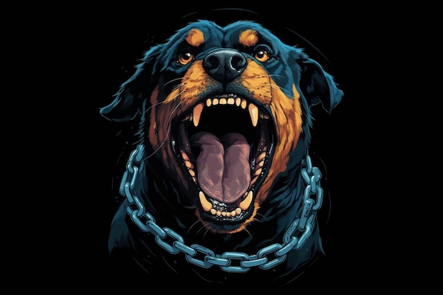 Vector rottweiler con dientes afilados y cadena gruesa de boca abierta alrededor del cuello ilustración vectorial