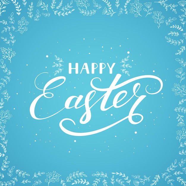 Rotulación Feliz Pascua y conjunto de motivos florales decorativos sobre fondo azul con elementos ornamentales, ilustración.