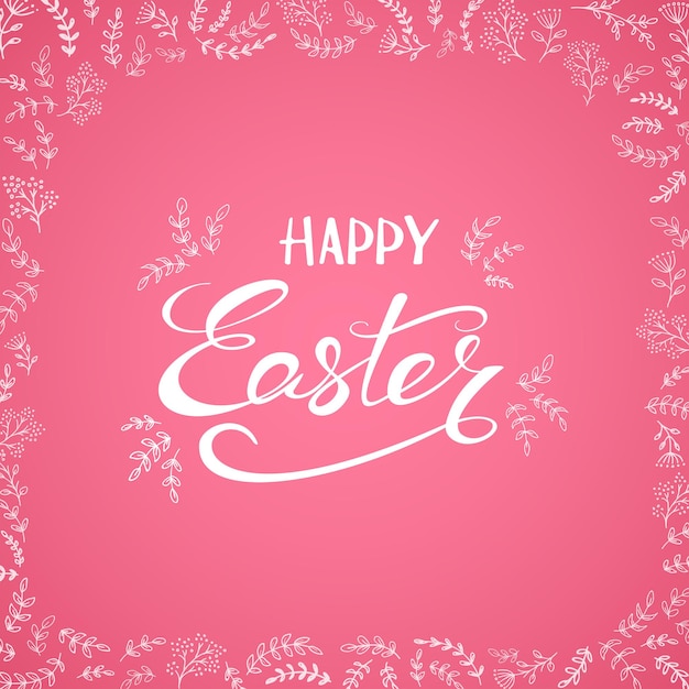 Rotulación Feliz Pascua y un conjunto de motivos florales decorativos sobre fondo rosa con elementos ornamentales, ilustración.