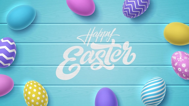 Vector rotulación feliz pascua con huevos pintados en 3d sobre fondo azul tarjeta de felicitación de vector brillante con tipografía y huevo decorado fondo de pantalla de ilustración colorida para vacaciones cristianas