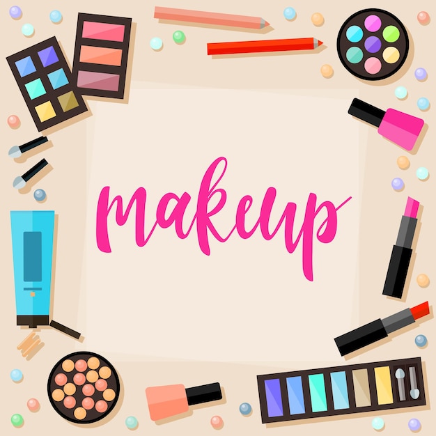 Rotulación manuscrita y elementos cosméticos sobre fondo beige. Cotización de maquillaje hecha a mano para diseño de camisetas, tarjetas, invitaciones, libros, carteles, álbumes de recortes, carteles, cuadernos de bocetos, álbumes, etc.
