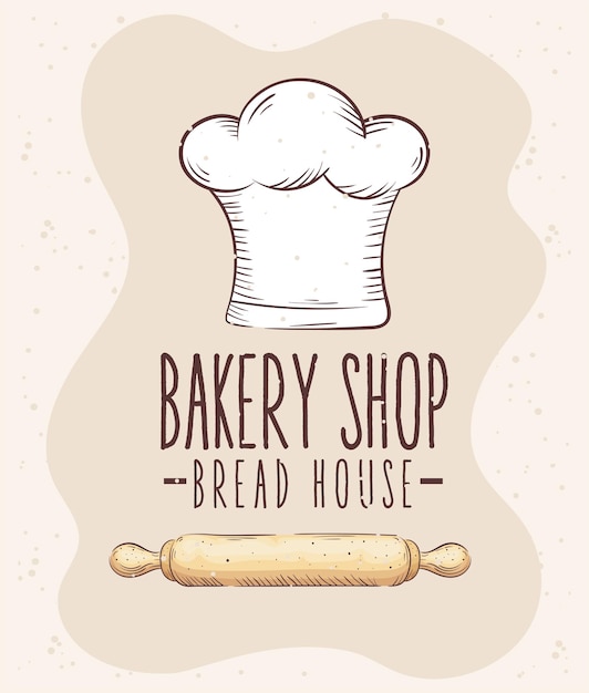 Rotulación de panadería con gorro de cocinero y rollo de madera, diseño de ilustraciones vectoriales