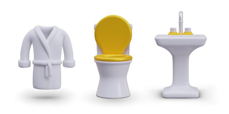 Vector rótulo de baño blanco realista, lavabo de lavabo con tapa dorada elevada
