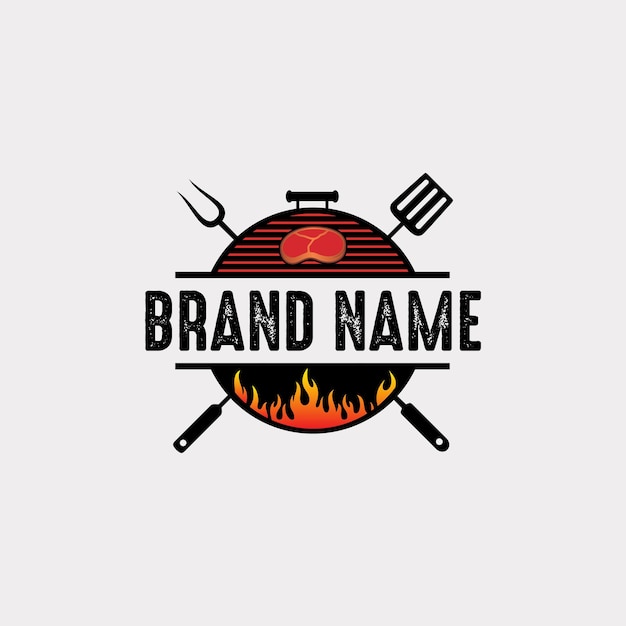 Rough Style detallada barbacoa con carne y el logotipo del elemento fuego