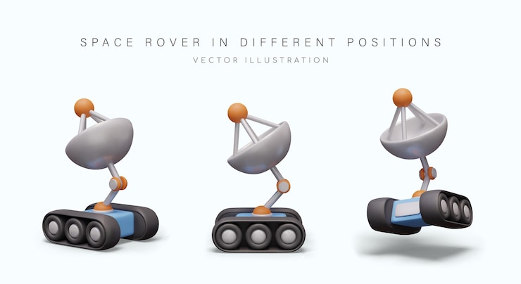 Vector rover espacial al estilo de dibujos animados conjunto de vehículos vectoriales cósmicos en diferentes posiciones