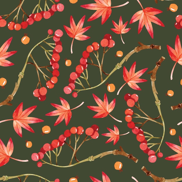 Rowan bayas ramas y hojas rojas acuarela de patrones sin fisuras sobre fondo oscuro