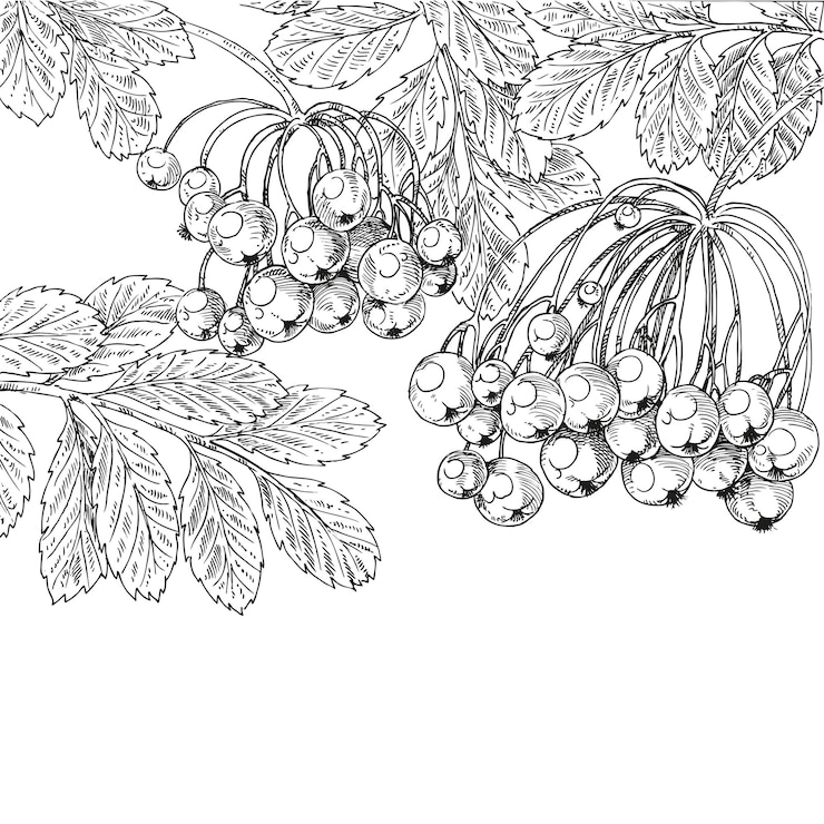 Vector rowan de dibujo gráfico en blanco y negro en el fondo de su texto