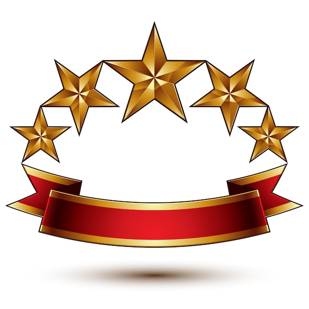 Vector royal golden simbólico cinco estrellas brillantes estilizadas con cinta curva roja, mejor para su uso en diseño web y gráfico, icono de vector conceptual de lujo aislado sobre fondo blanco.