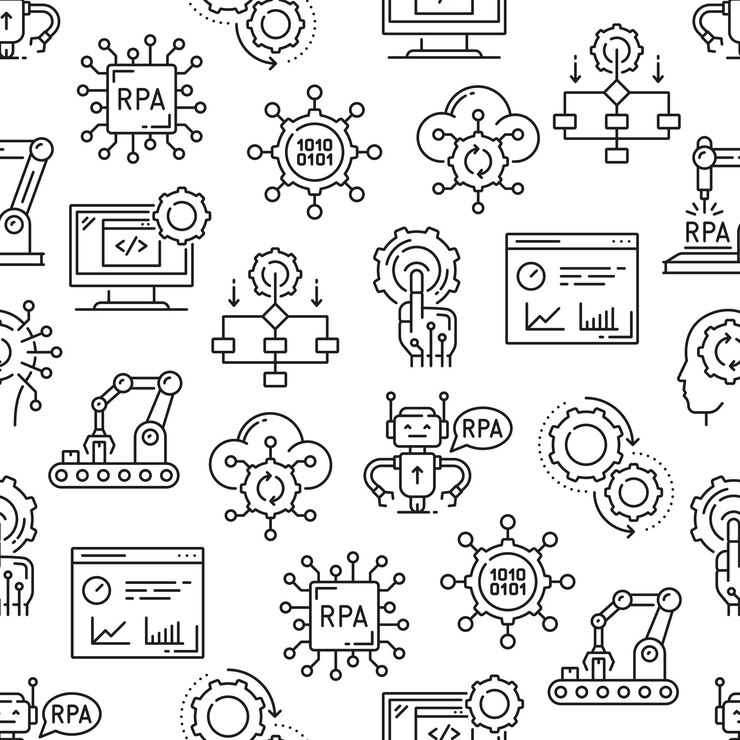 Vector rpa de patrones sin fisuras automatización de procesos robóticos gestión empresarial y tecnología de mejora esquema vector fondo transparente o fondo de pantalla con manos robóticas chip de computadora y cinta transportadora