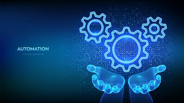 Vector rpa robotic process automation software gears icon in hands on circuit board pattern background smart industry iot and automation concept innovation improving productivity in technology vector