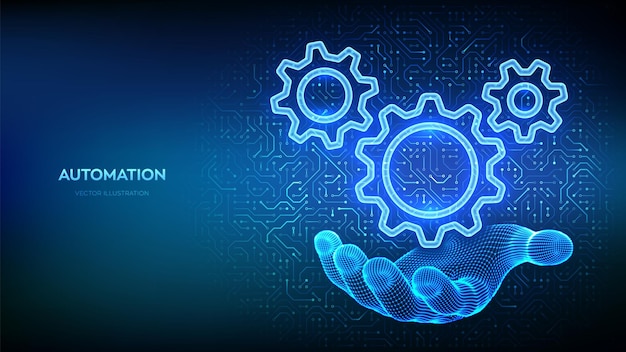 RPA Robotic Process Automation software Gears icons in hand on circuit board pattern background Smart industry IOT and Automation concept Innovation improving productivity in technology Vector