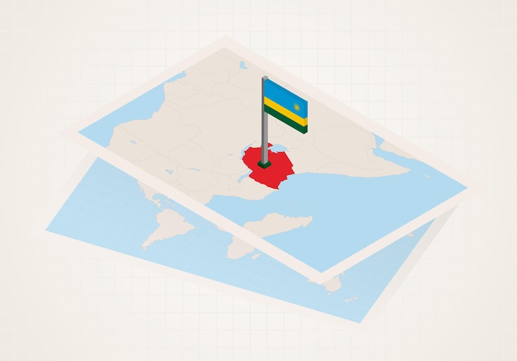 Vector ruanda seleccionada en el mapa con bandera 3d de ruanda