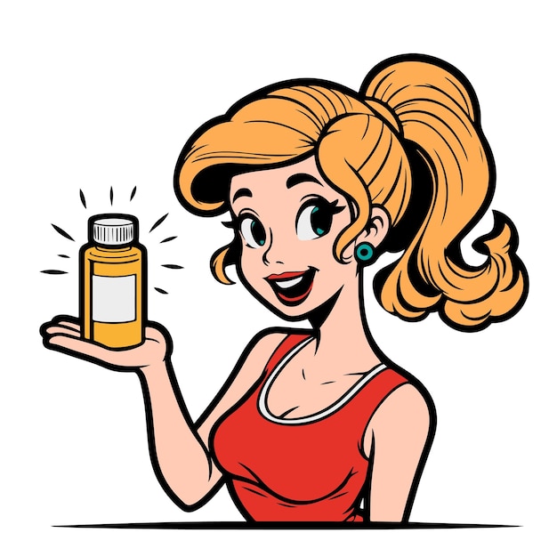 Una rubia de dibujos animados anuncia medicamentos sosteniéndolos en la palma de su mano