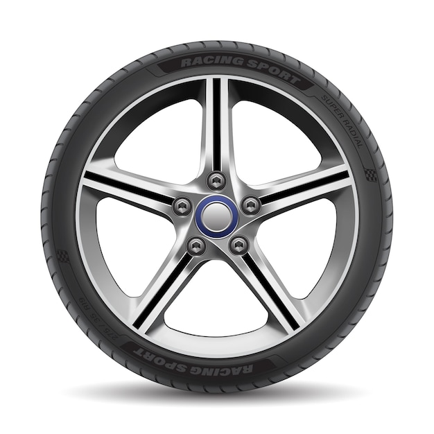 Rueda de automóvil de aluminio realista con estilo de carreras deportivas de neumáticos en vector de fondo blanco