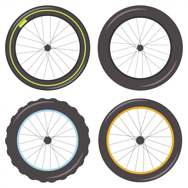 Rueda de bicicleta con radios de diferentes tipos con neumático deportivo, gordo, tachonado y clásico. conjunto de iconos aislado