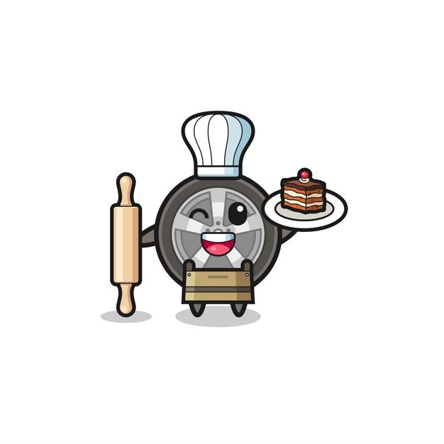 La rueda del coche como mascota del chef de repostería sostiene el rodillo