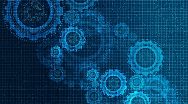 Rueda de engranajes digitales y gallo en el fondo de tecnología, vector
