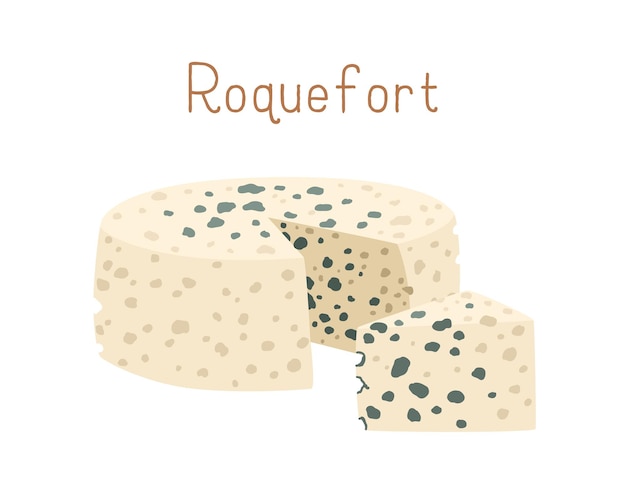 Rueda de queso gourmet de Roquefort con moho azul. Cortar un trozo triangular de delicioso queso mohoso. Ilustración de vector plano coloreado de comida delicatessen francesa o suiza aislada sobre fondo blanco.