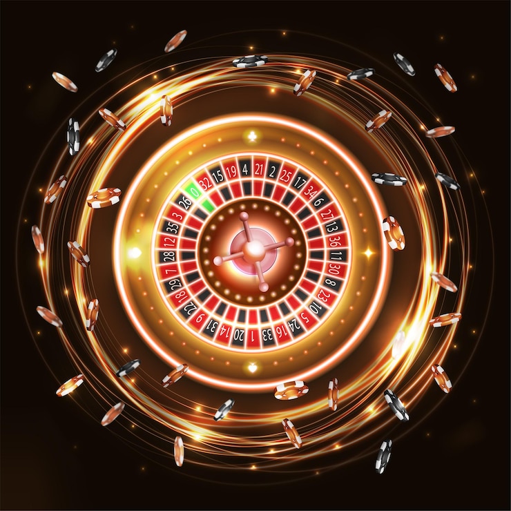Rueda de ruleta de casino giratoria de neón con brillo dorado con elemento de casino digital de fichas de póquer