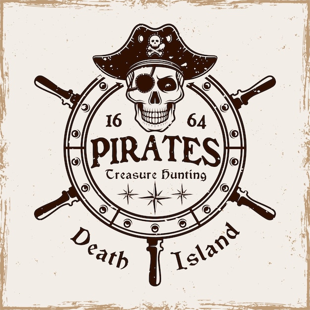 Rueda de timón con calavera pirata en emblema de vector de sombrero en estilo vintage aislado en fondo con texturas grunge extraíbles
