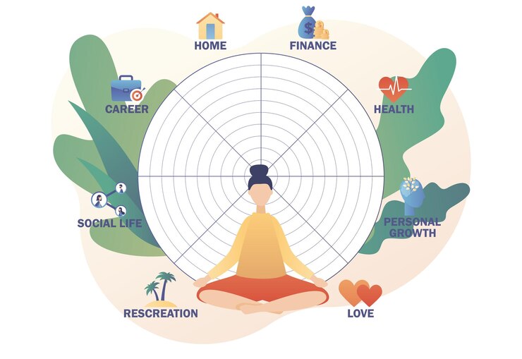 Vector rueda de la vida. mujer diminuta sentada en pose de loto de yoga. concepto de equilibrio de vida. meditación. entrenamiento
