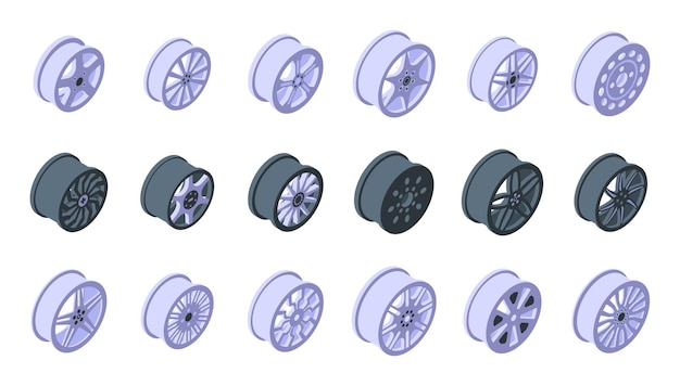 Ruedas de aluminio iconos conjunto vector isométrico fábrica de automóviles