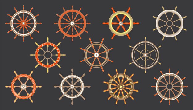 Ruedas de dirección antiguas de madera, velero de barco o yate, símbolo de rueda retro, timón náutico de colores
