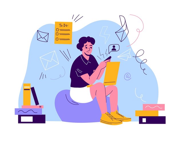Ruido de información Persona triste con señales de spam alrededor El tipo preocupado sostiene el gadget Transmite datos innecesarios Noticias de propaganda de las redes sociales El hombre sufre de la presión del mensajero Concepto vectorial