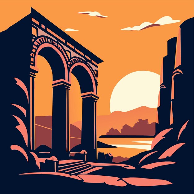 Ruinas antiguas encienden la espiritualidad al atardecer ilustración vectorial